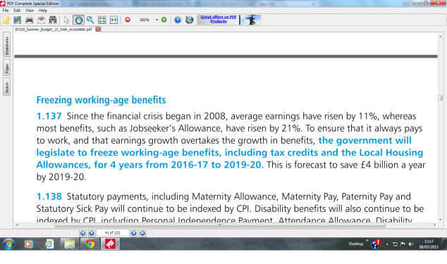 4 yrs benefit freeze on working age benefits in budget summer 2015